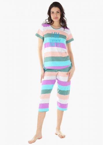 Γυναικείο σετ πιτζάμα κάπρι Vienetta "I am happy" ρίγες παντελόνι με λάστιχο στη μέση